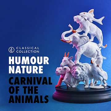 A variety of exotic animal stone sculptures standing on top of each other in a pyramid shape